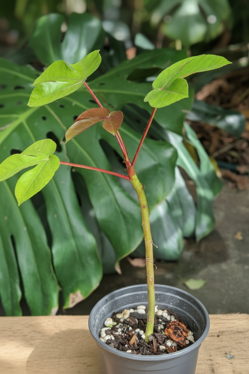 A potted young plant with bright green leaves and reddish stems, growing in a small black plastic pot on a wooden surface.